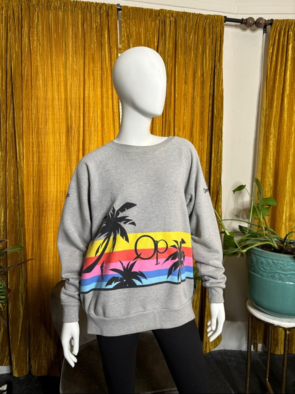 OP Grey Sweatshirt with Rainbow Stripe and Palm Graphic